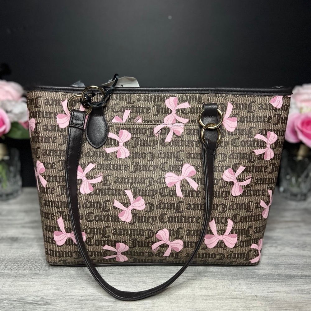 Juicy Couture Brown Logo Tote with Pink Bow Accents
